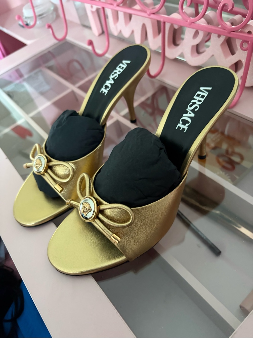 Versace Gold Bow-Accent Women's Heeled Mules - Picture 7 of 8